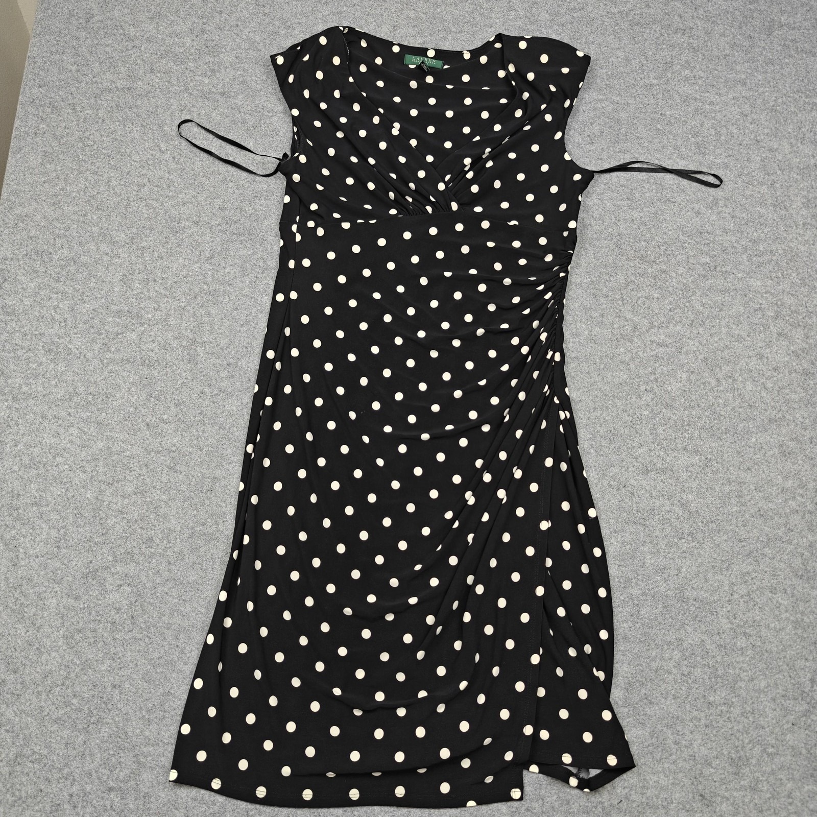 Lauren Ralph Lauren Dress Womens 14 Black Polka Dot Wrap Ruched Knee Length
